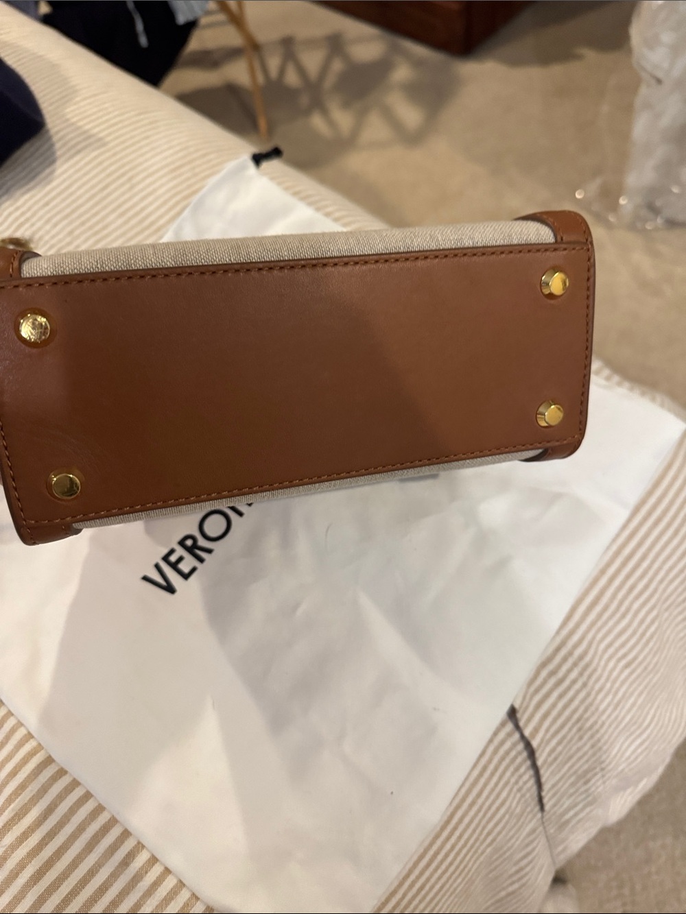 Veronica Beard Tan Leather & Cream Canvas Satchel with Gold Accent - Picture 6 of 10